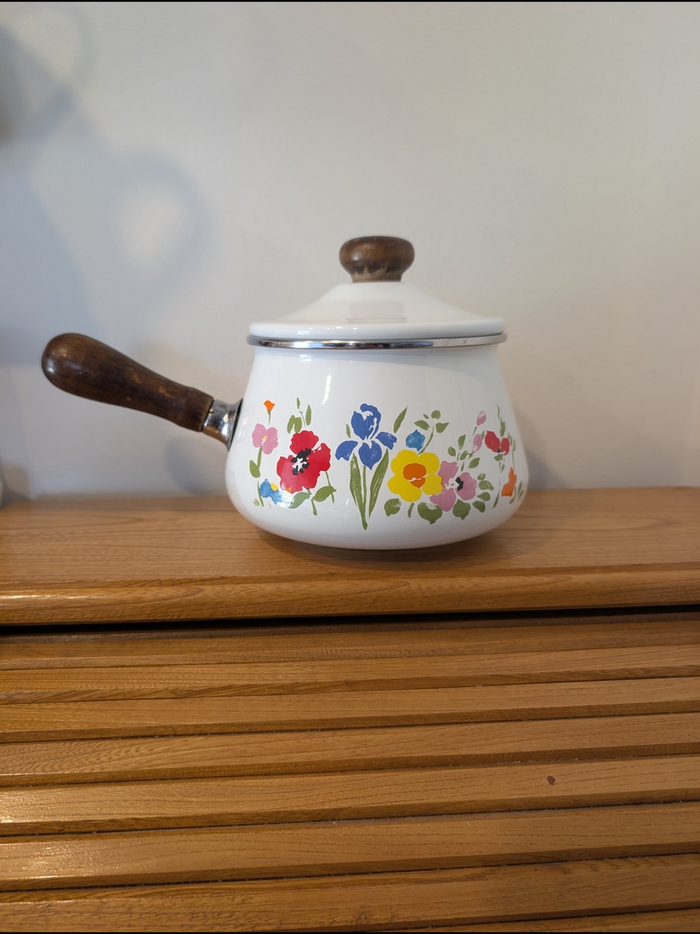 White Floral Enamel Saucepan with Lid and Wood Handle